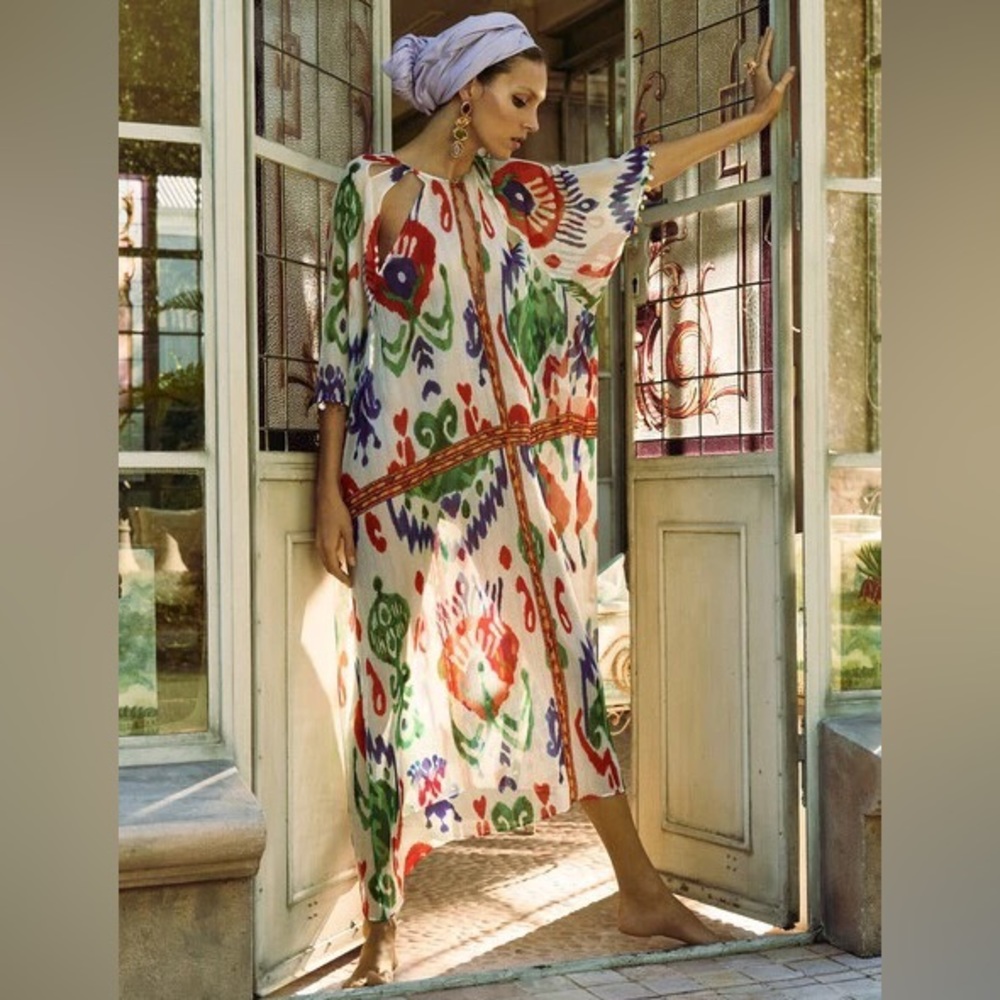Zara beaded ikat print multicolored kaftan dress cut out details  sz.XS-S